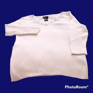 RQT Women's White Vneck ¾ Sleeve Ribbed Top with Embellished Neck, Size L